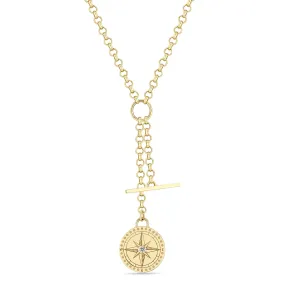 14k Small Compass Medallion & Toggle Medium Rolo Chain Lariat