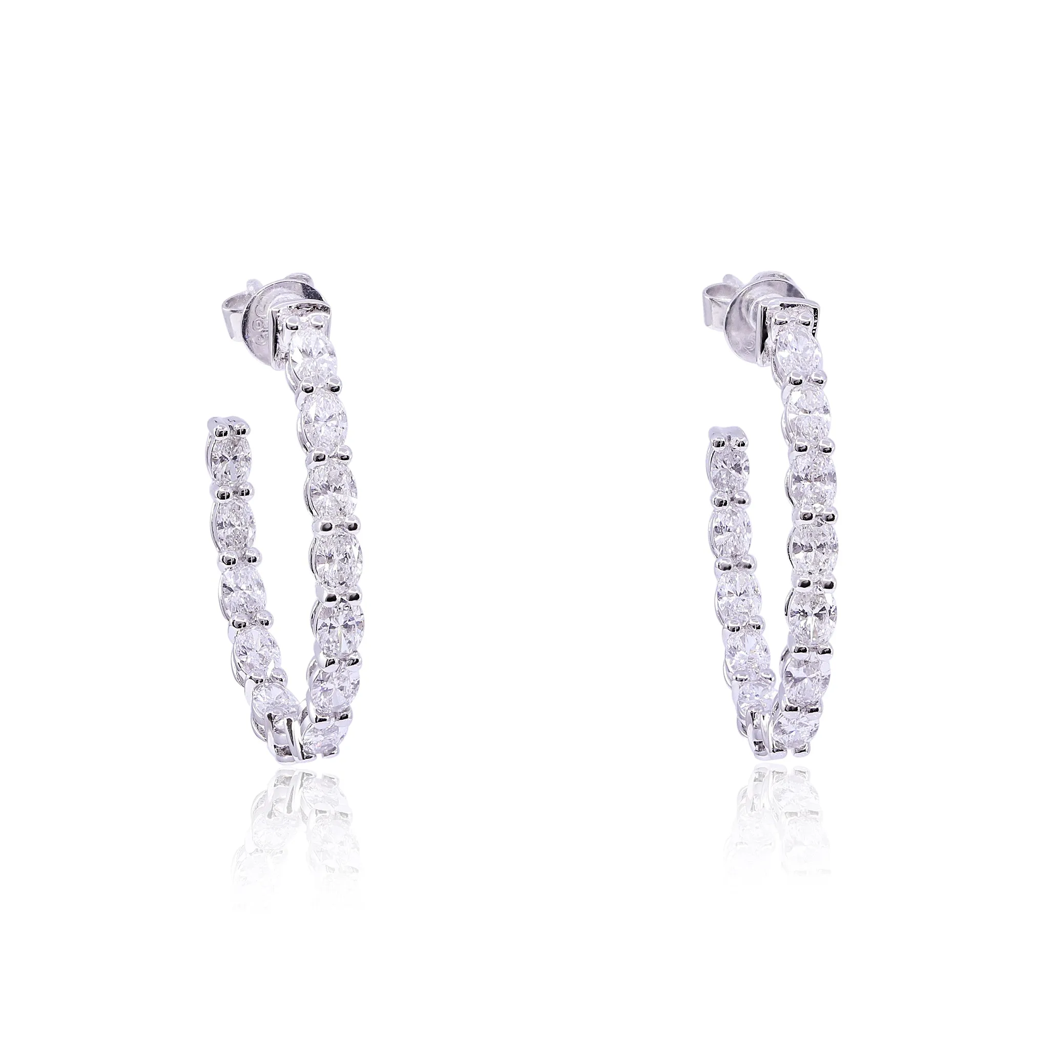 14K WHITE GOLD OVAL DIAMOND INSIDE-OUTSIDE HOOP EARRINGS 2.69CTW