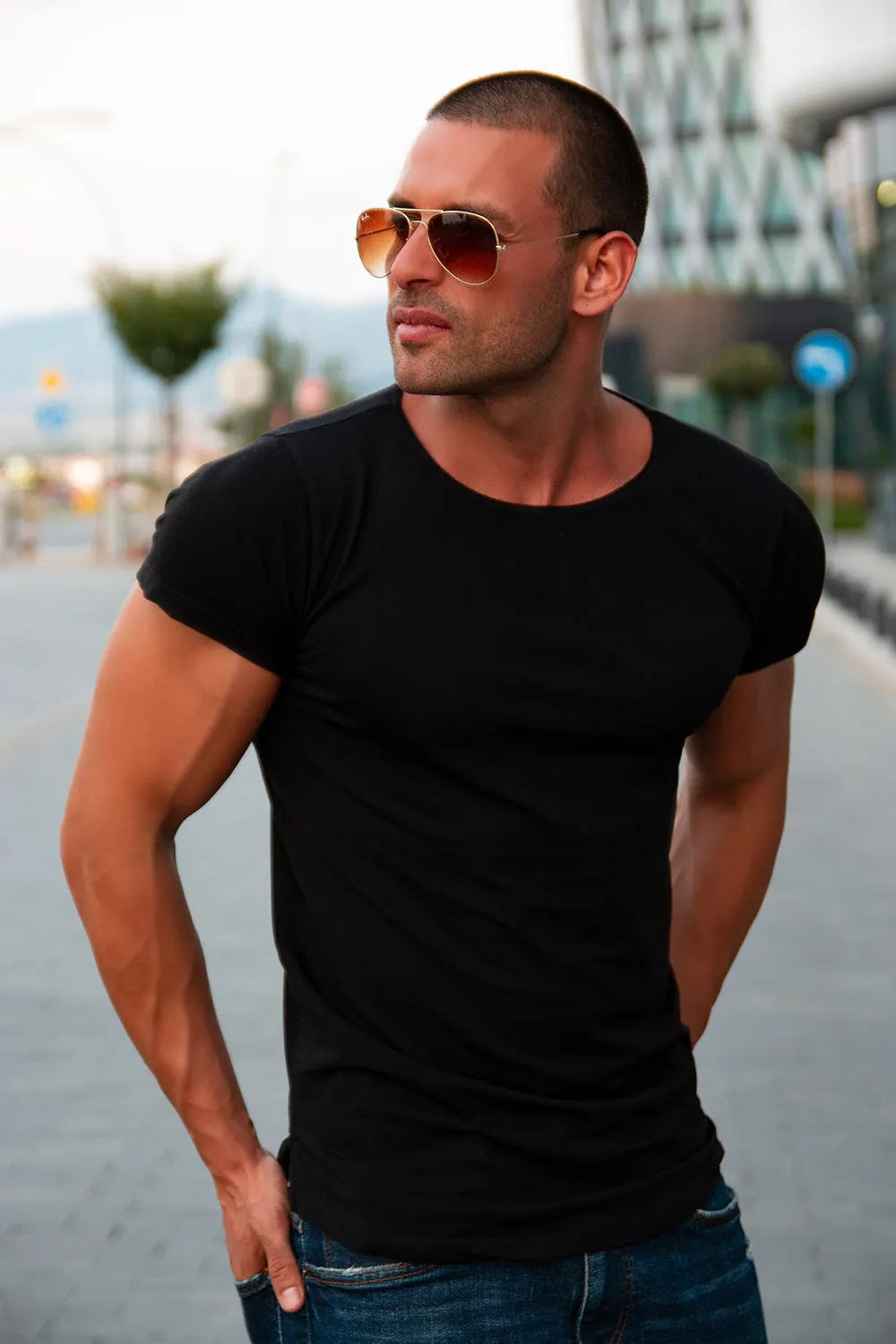 2 Pack Men's Plain Black Round Neck T-shirt - Longline