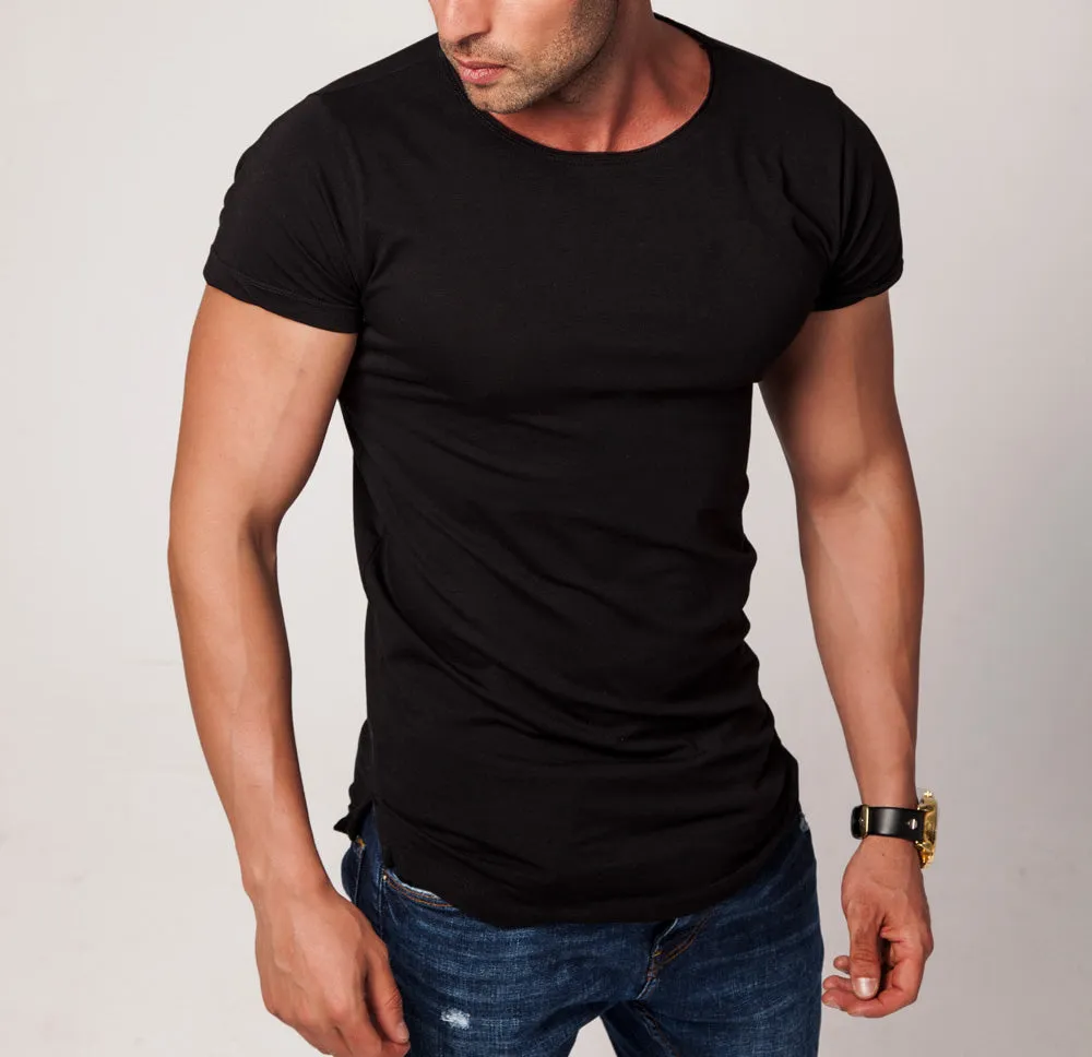 2 Pack Men's Plain Black Round Neck T-shirt - Longline