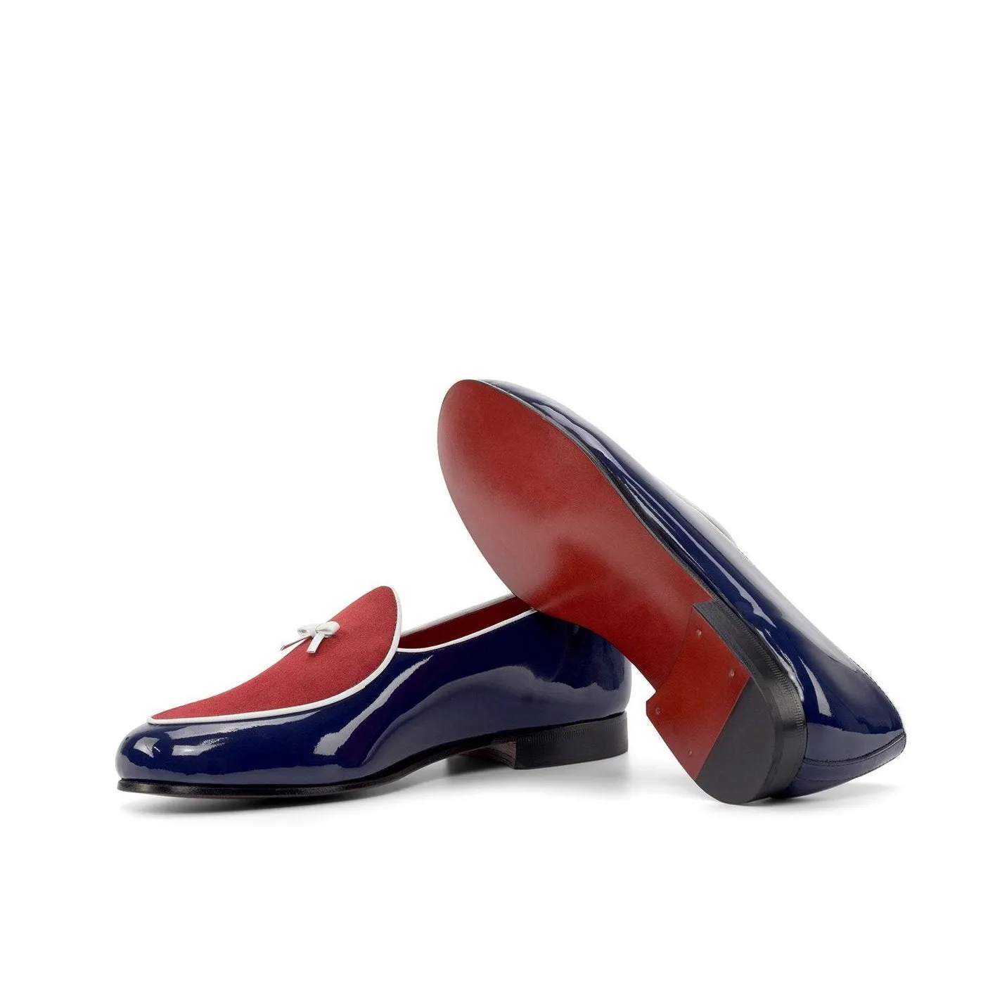 Ambrogio Bespoke Custom Men's Shoes Red & Cobalt Blue Suede / Patent Leather Belgian Loafers (AMB2229)