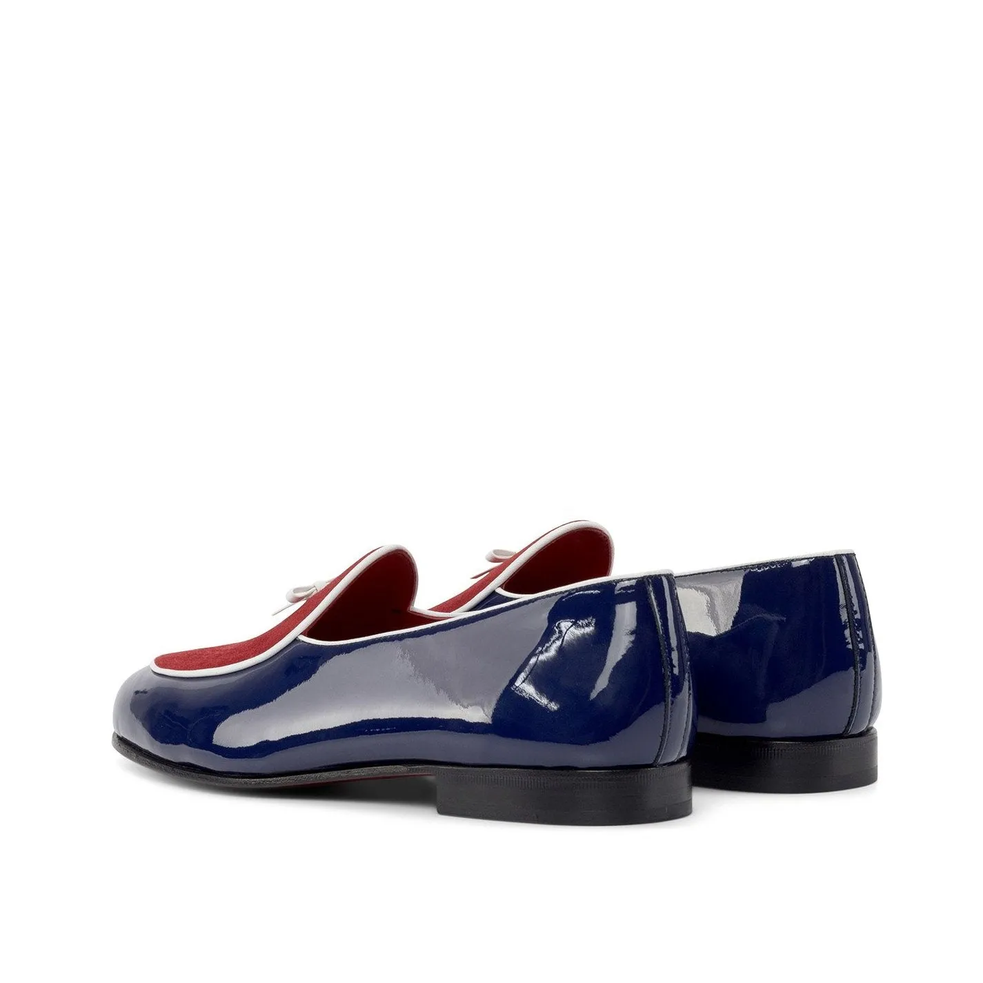 Ambrogio Bespoke Custom Men's Shoes Red & Cobalt Blue Suede / Patent Leather Belgian Loafers (AMB2229)