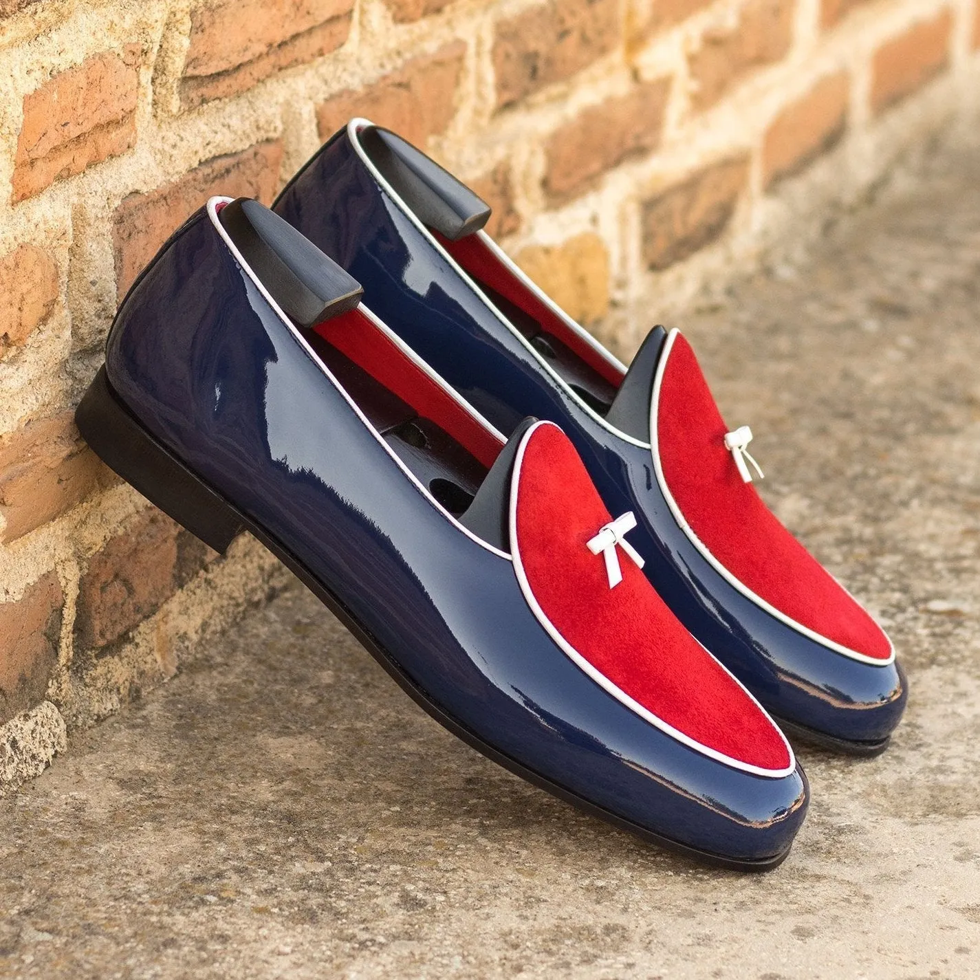 Ambrogio Bespoke Custom Men's Shoes Red & Cobalt Blue Suede / Patent Leather Belgian Loafers (AMB2229)