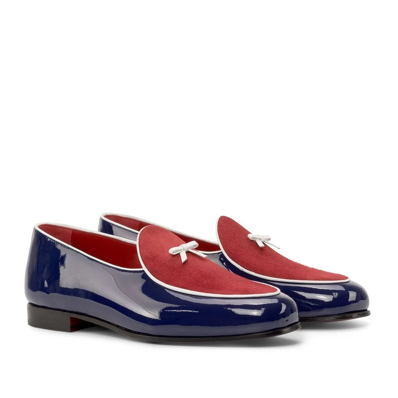 Ambrogio Bespoke Custom Men's Shoes Red & Cobalt Blue Suede / Patent Leather Belgian Loafers (AMB2229)