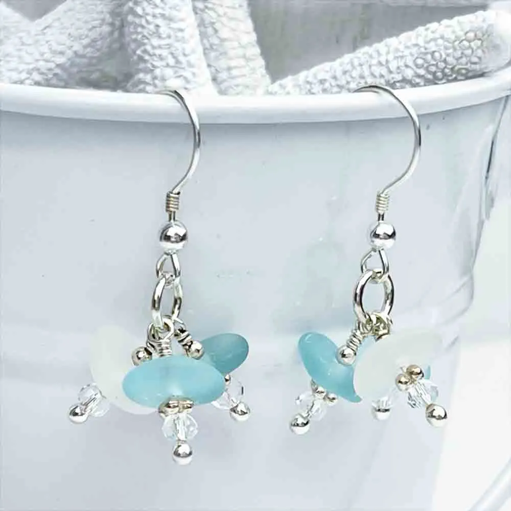 Aqua and Clear Sea Glass Dangle Earrings with Swarovski Crystal Beads | #1781