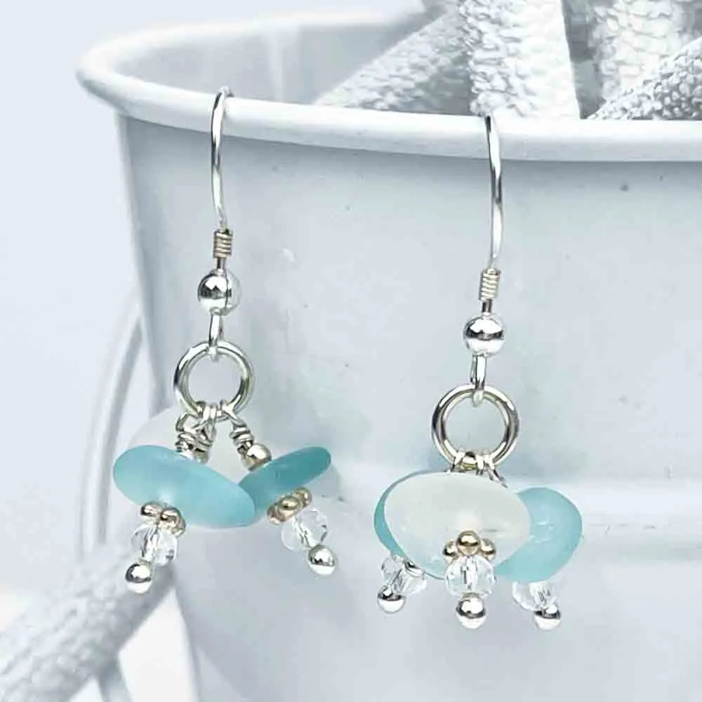 Aqua and Clear Sea Glass Dangle Earrings with Swarovski Crystal Beads | #1781