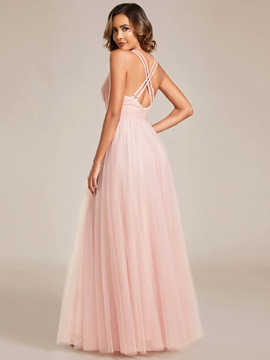 Backless V Neck Appliques Mesh Evening Dress