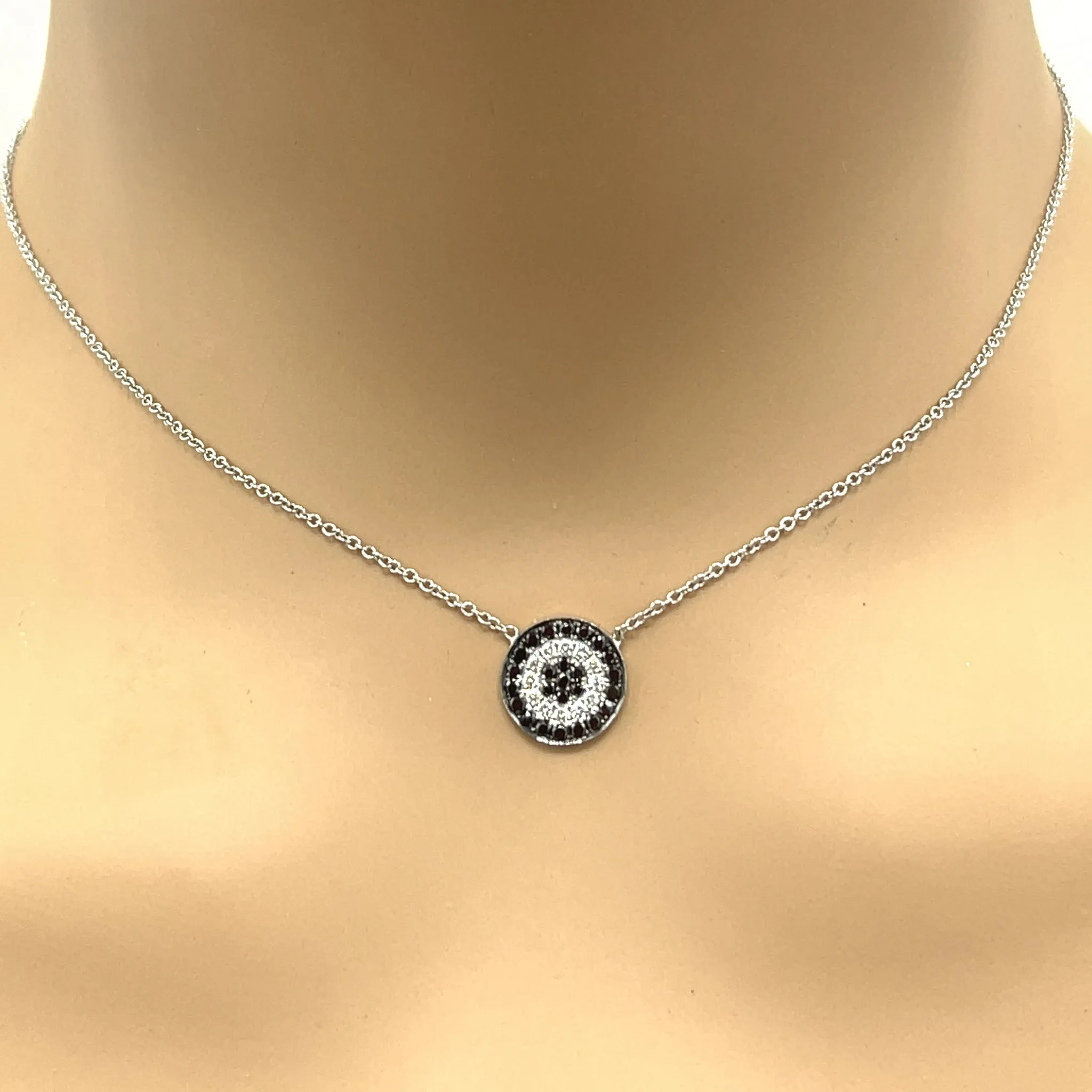 Black and White Diamond Disc White Gold Pendant Necklace