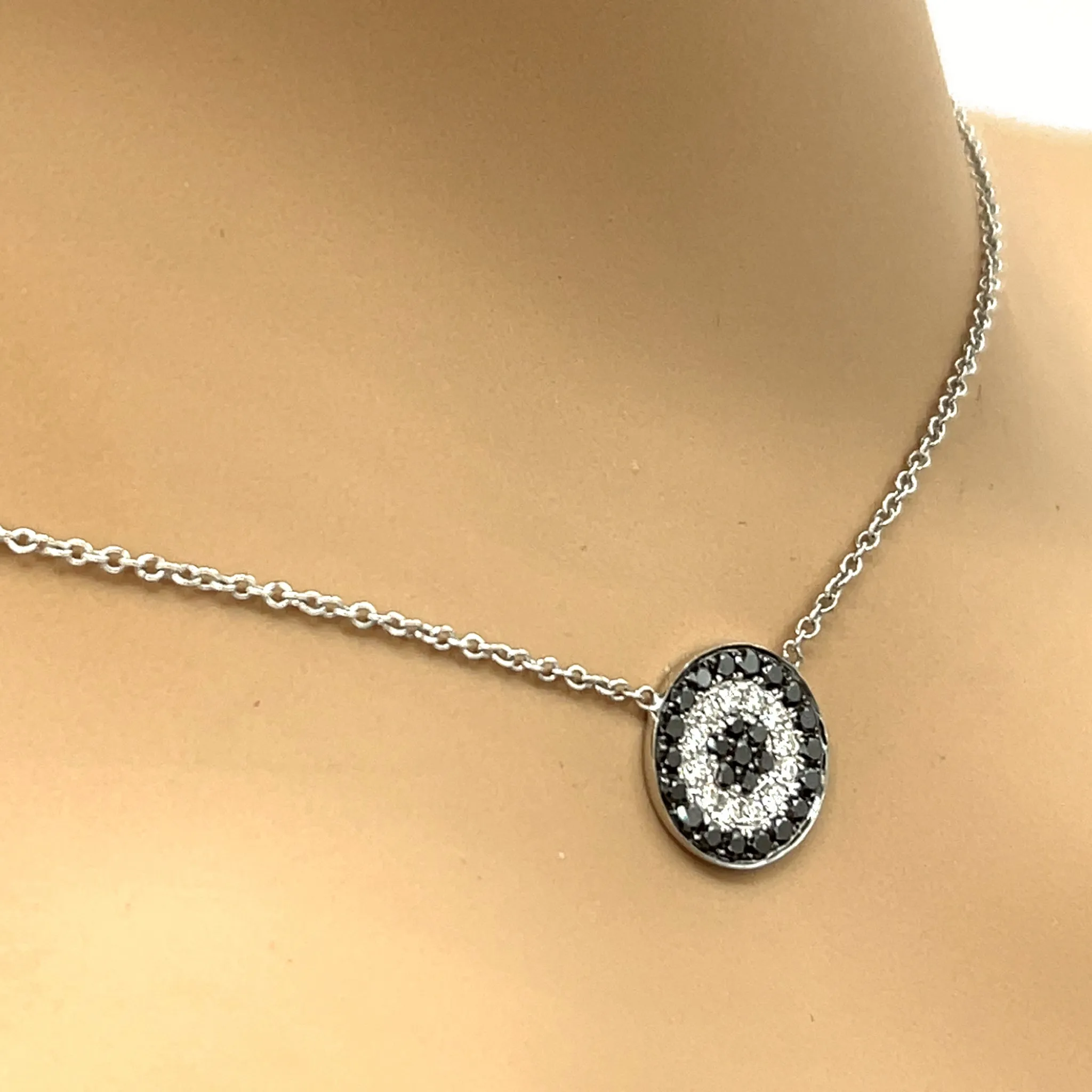 Black and White Diamond Disc White Gold Pendant Necklace