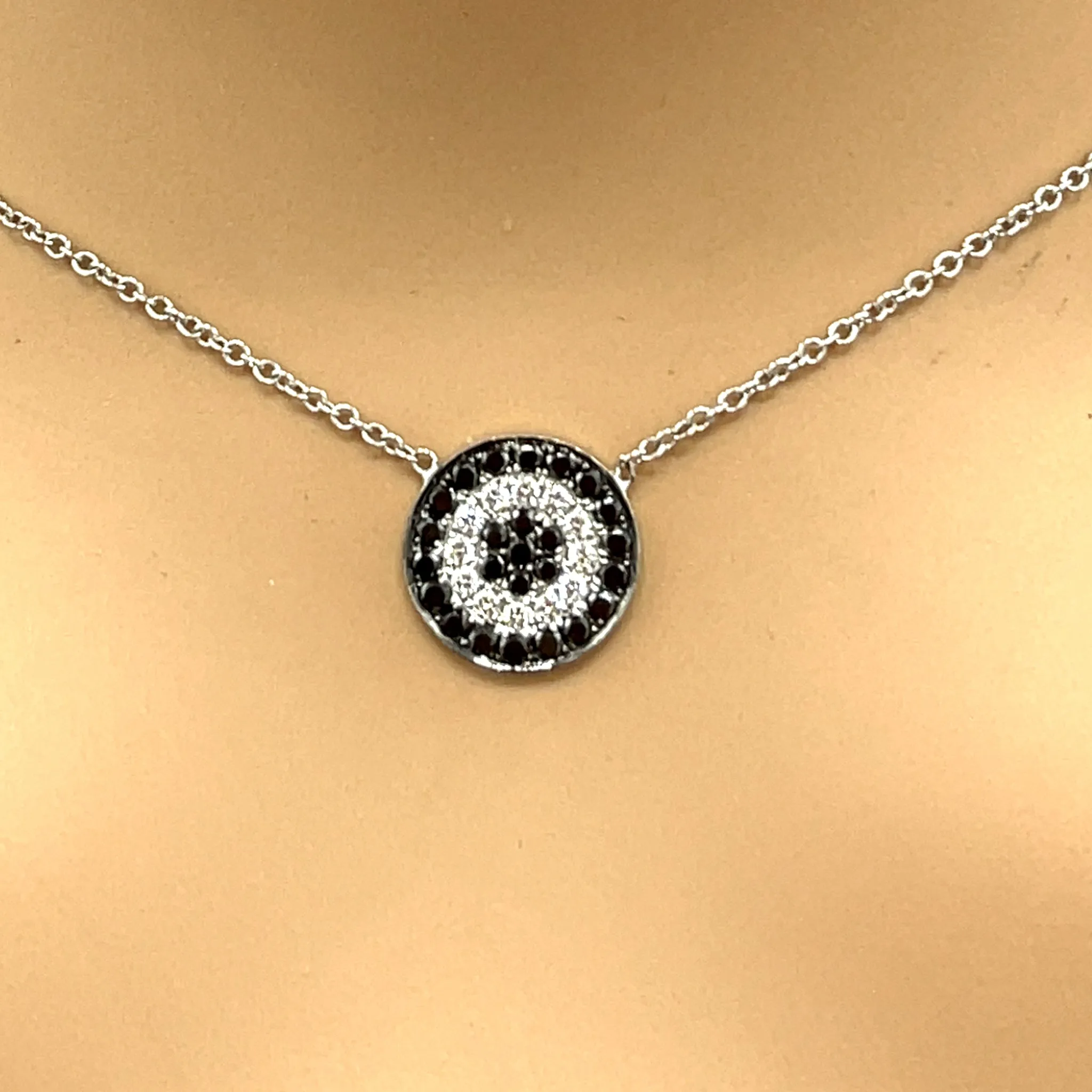 Black and White Diamond Disc White Gold Pendant Necklace