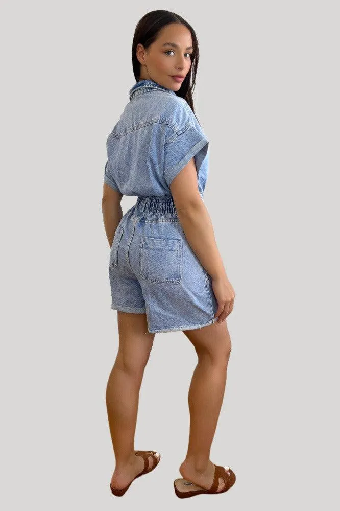 Bleached Denim Effect Elastic Waist Playsuit