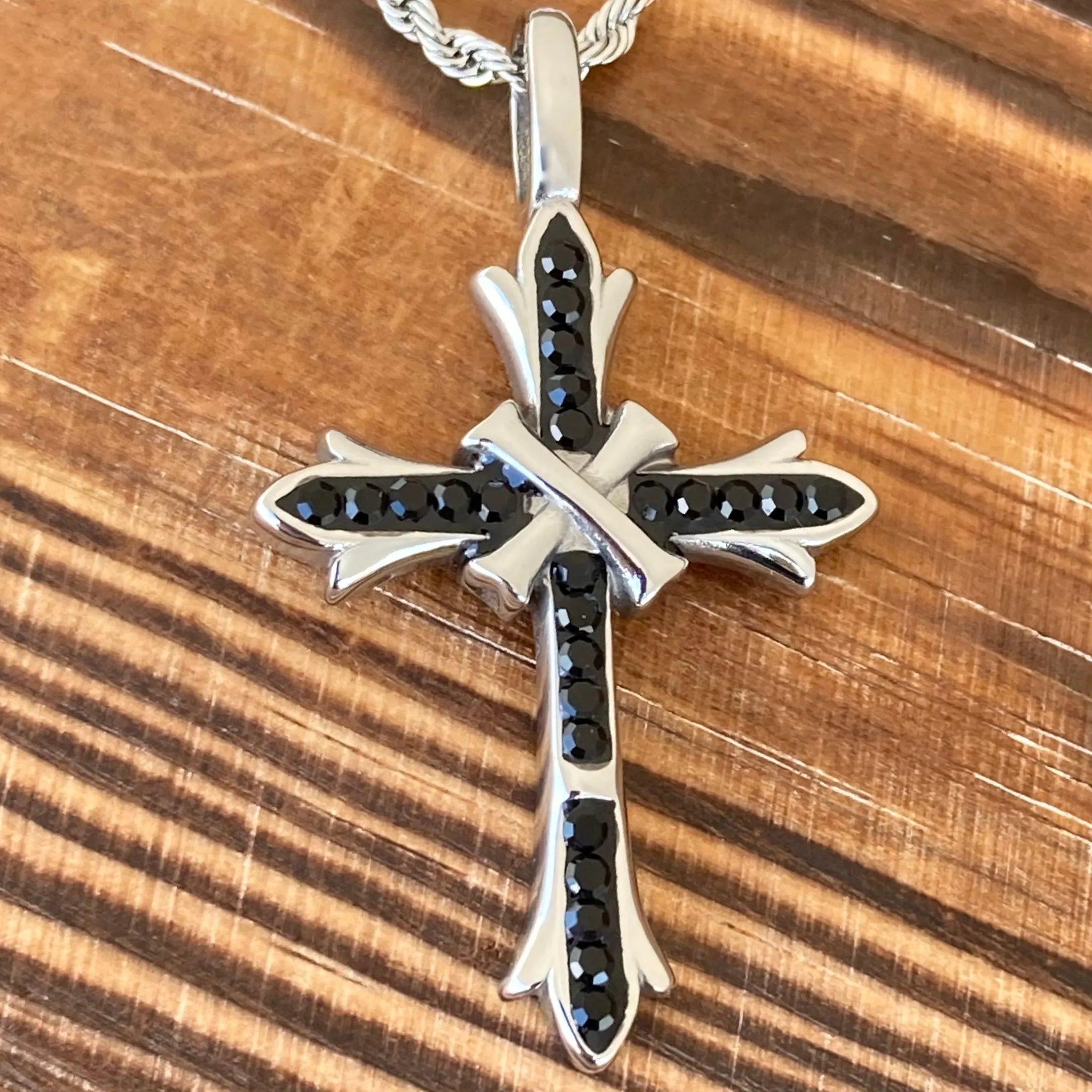 Bling Cross - Black Stone - Pendant - Rope Necklace - SK2605