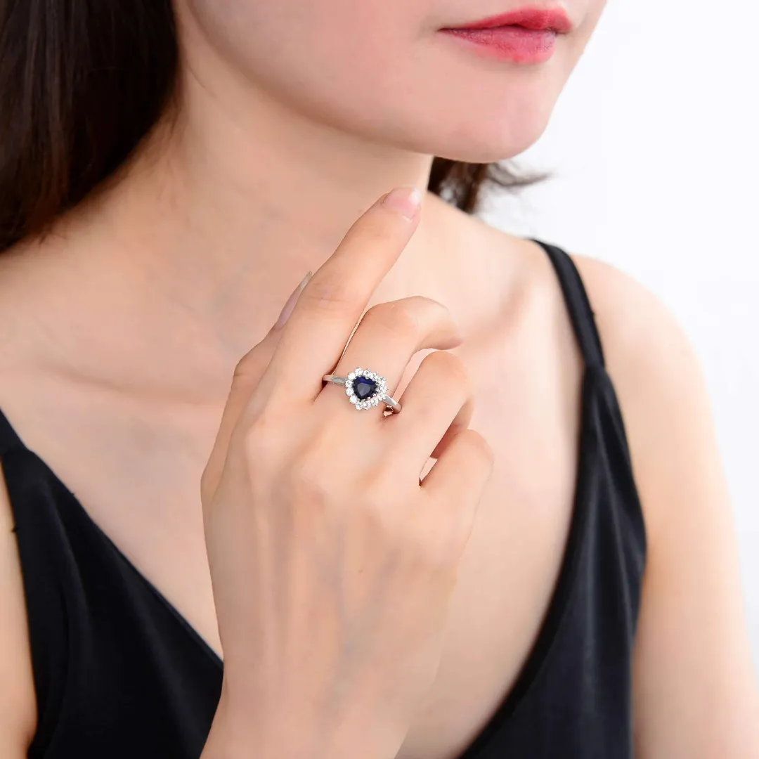 Blue Sapphire Halo Heart Ring