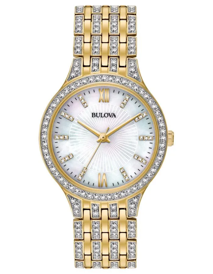 Bulova Womens Swarovski Crystal Watch - Gold-Tone - Bracelet - MOP Dial - 30m