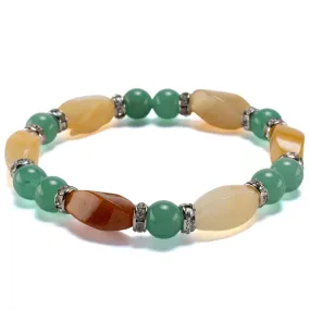 Butter Jade Twisted Bead and Round Aventurine with Crystal Accent Beads Gemstone Elastic Bracelet