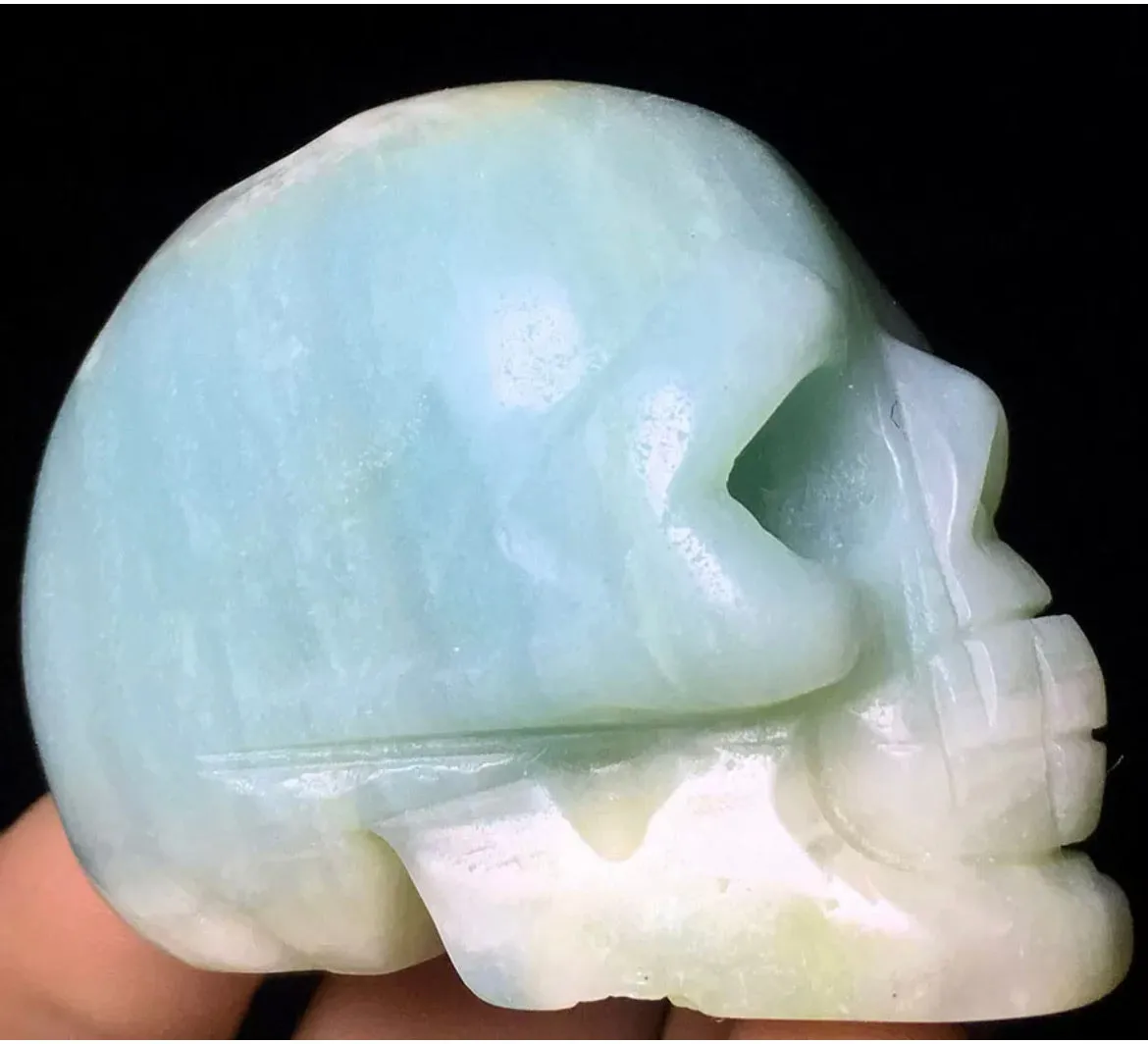 Caribbean Blue Calcite Aragonite gemstone carved Skulls, New Rare Crystal