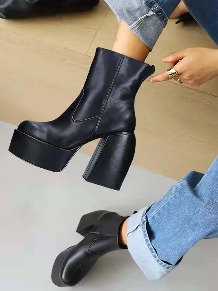 Chunky Heel Platform High Boots