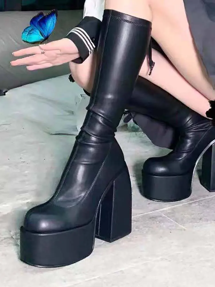 Chunky Heel Platform High Boots