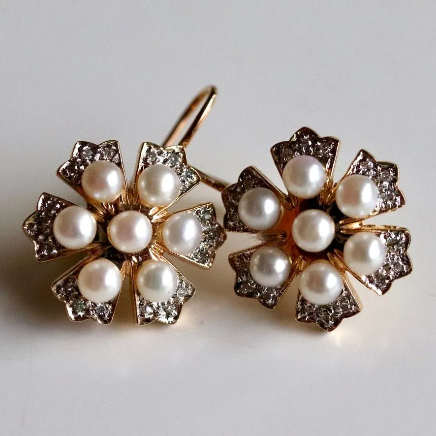 Crest 14k Gold, Diamond and Pearl Earrings