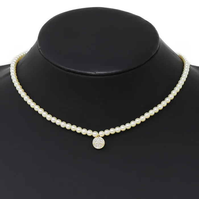 CZ Pave Disc Pendant Pearl Beaded Short Necklace