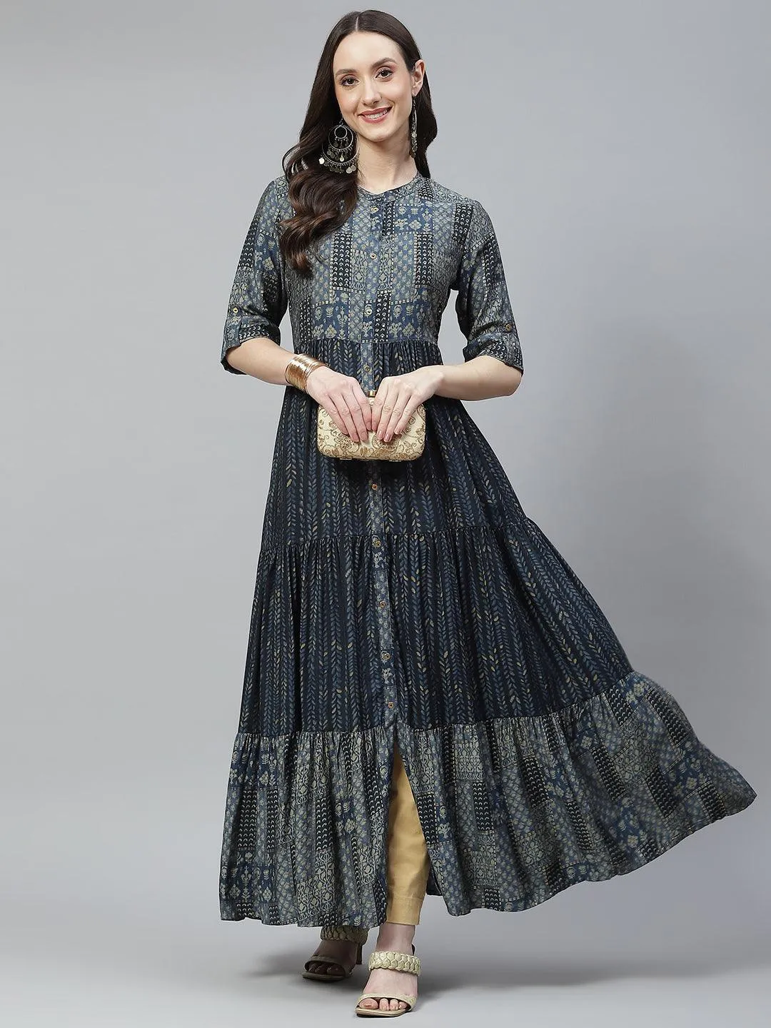 Divena Blue Muslin Tiered with Gathered Kurta