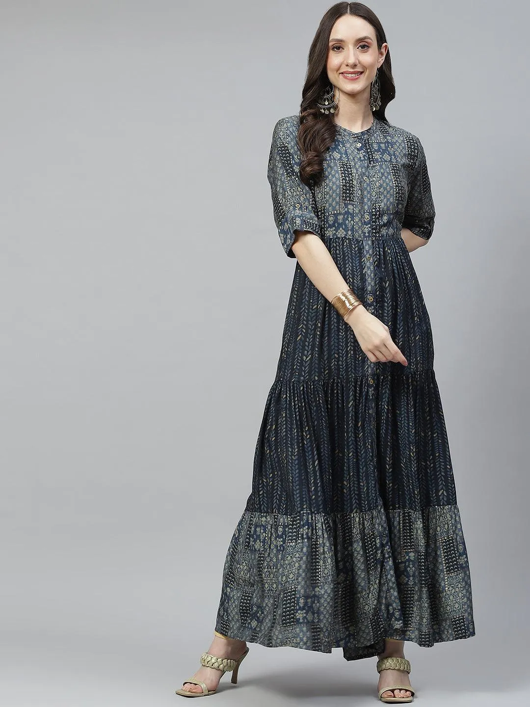 Divena Blue Muslin Tiered with Gathered Kurta