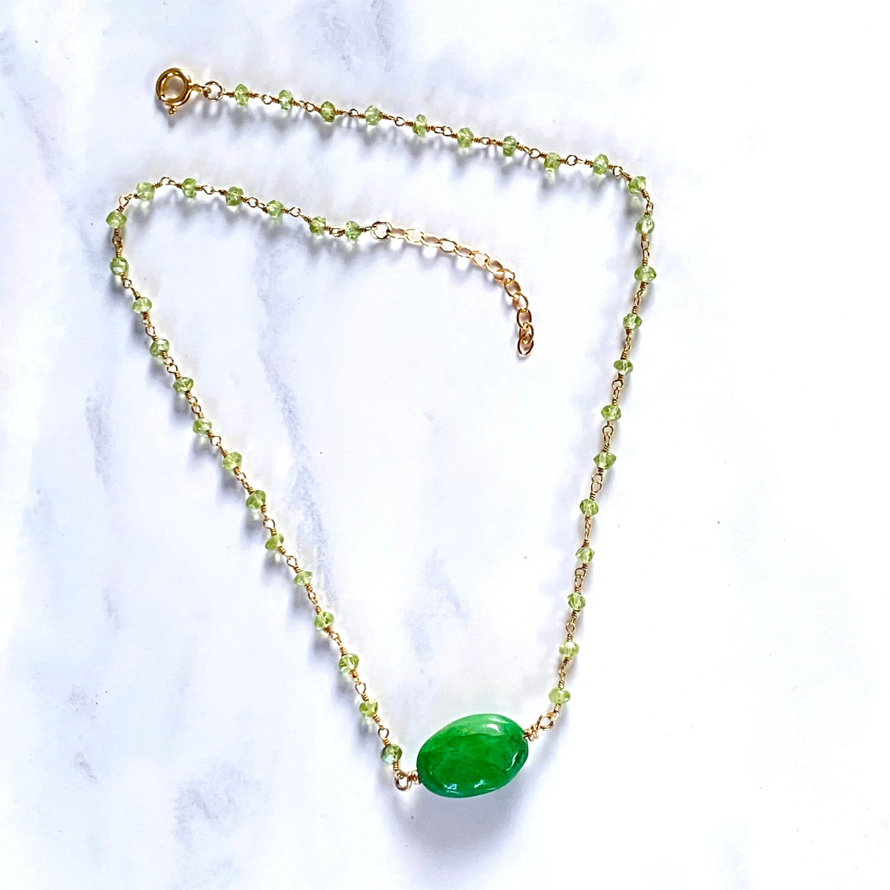 Emerald, Peridot gemstone and Gold over sterling silver choker