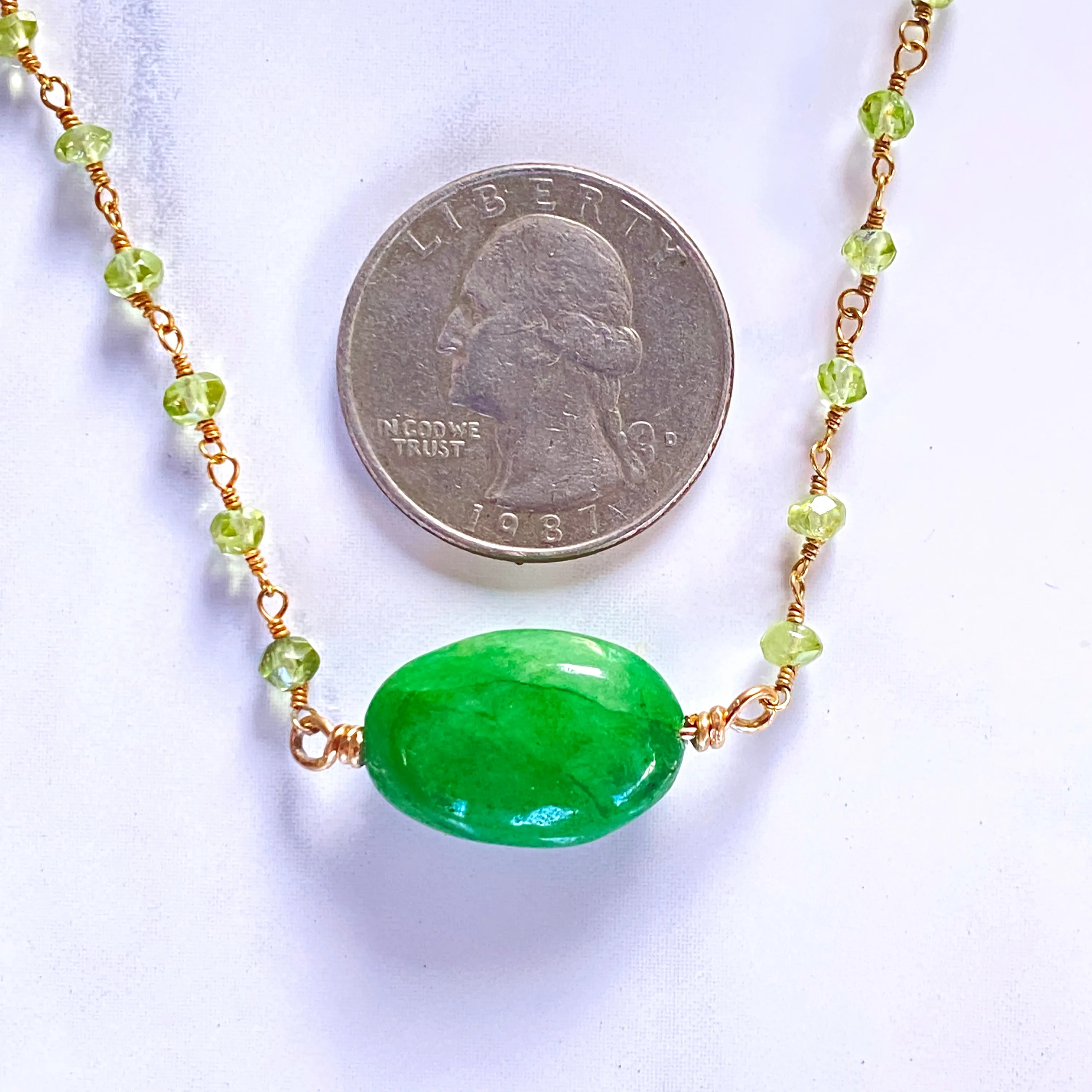 Emerald, Peridot gemstone and Gold over sterling silver choker