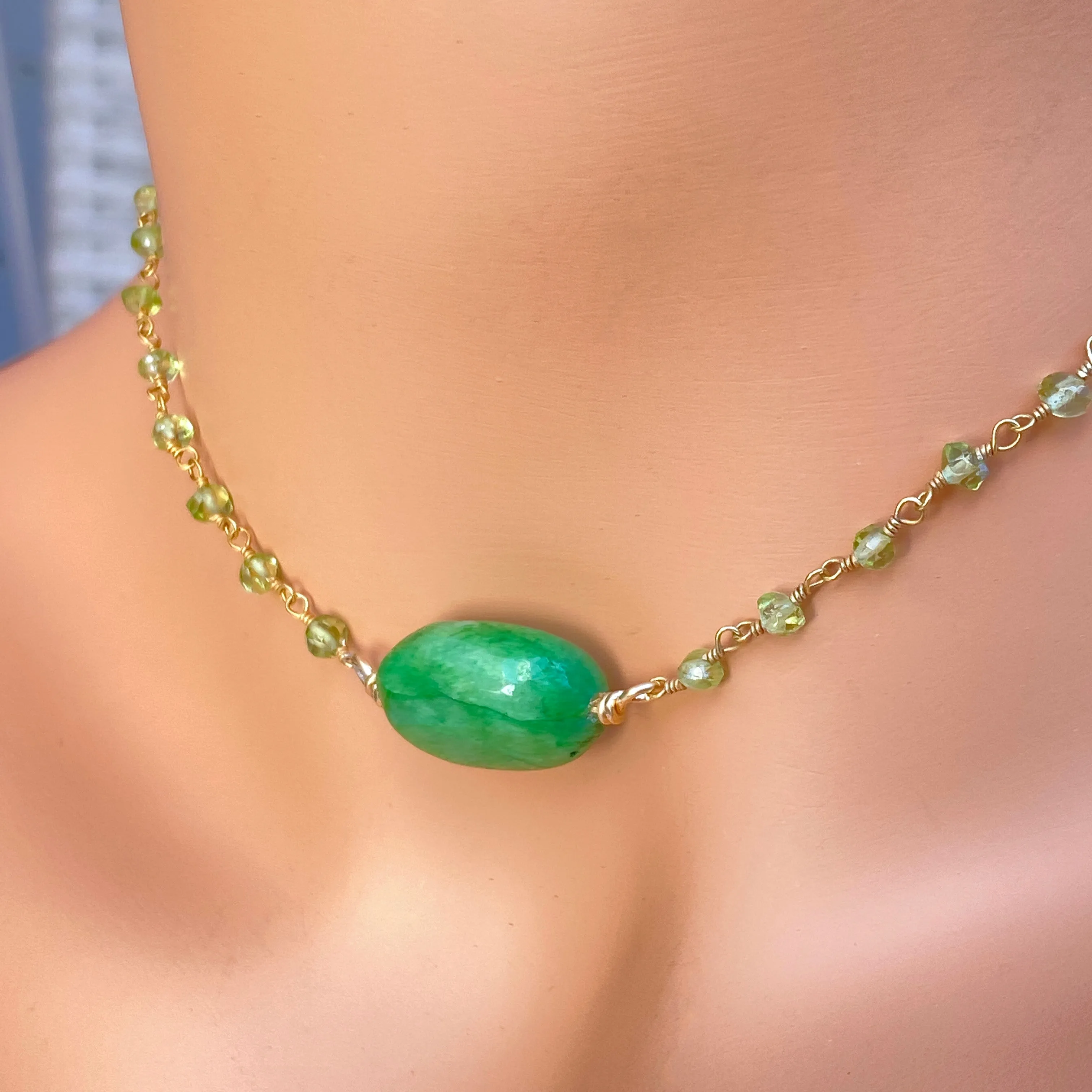 Emerald, Peridot gemstone and Gold over sterling silver choker