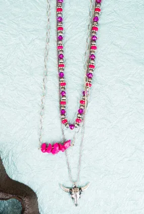 Fuchsia Steer Skull Western Layered Necklace