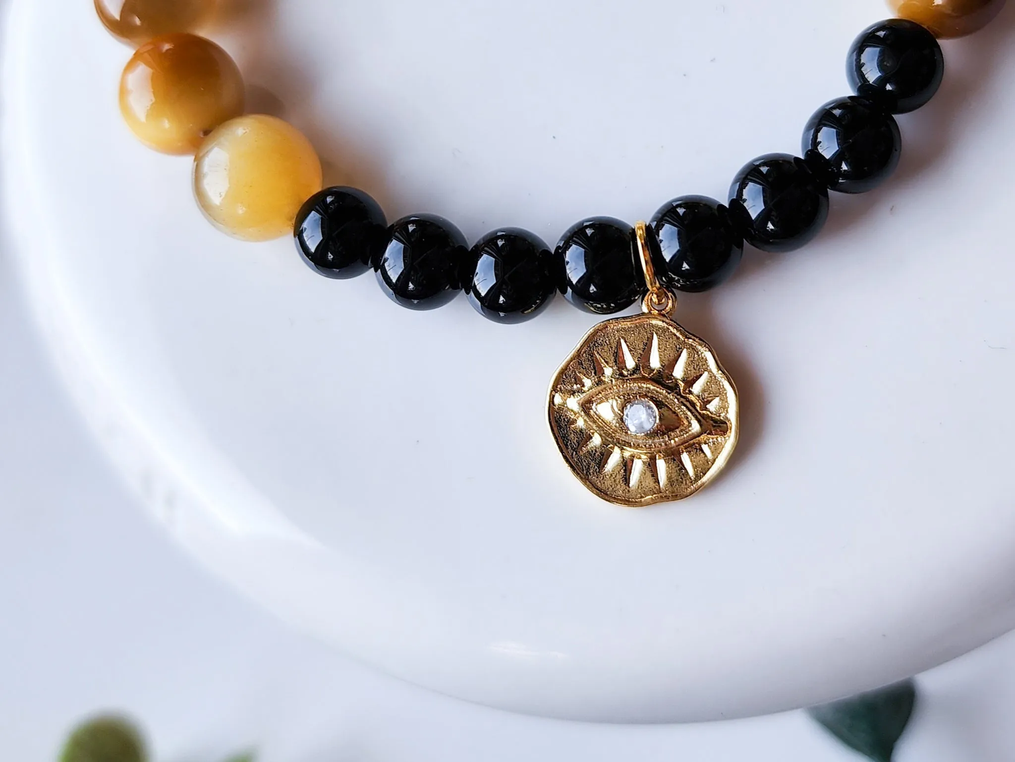 Golden Tiger's Eye, Onyx, & Evil Eye Charm Bracelet || Reiki Infused