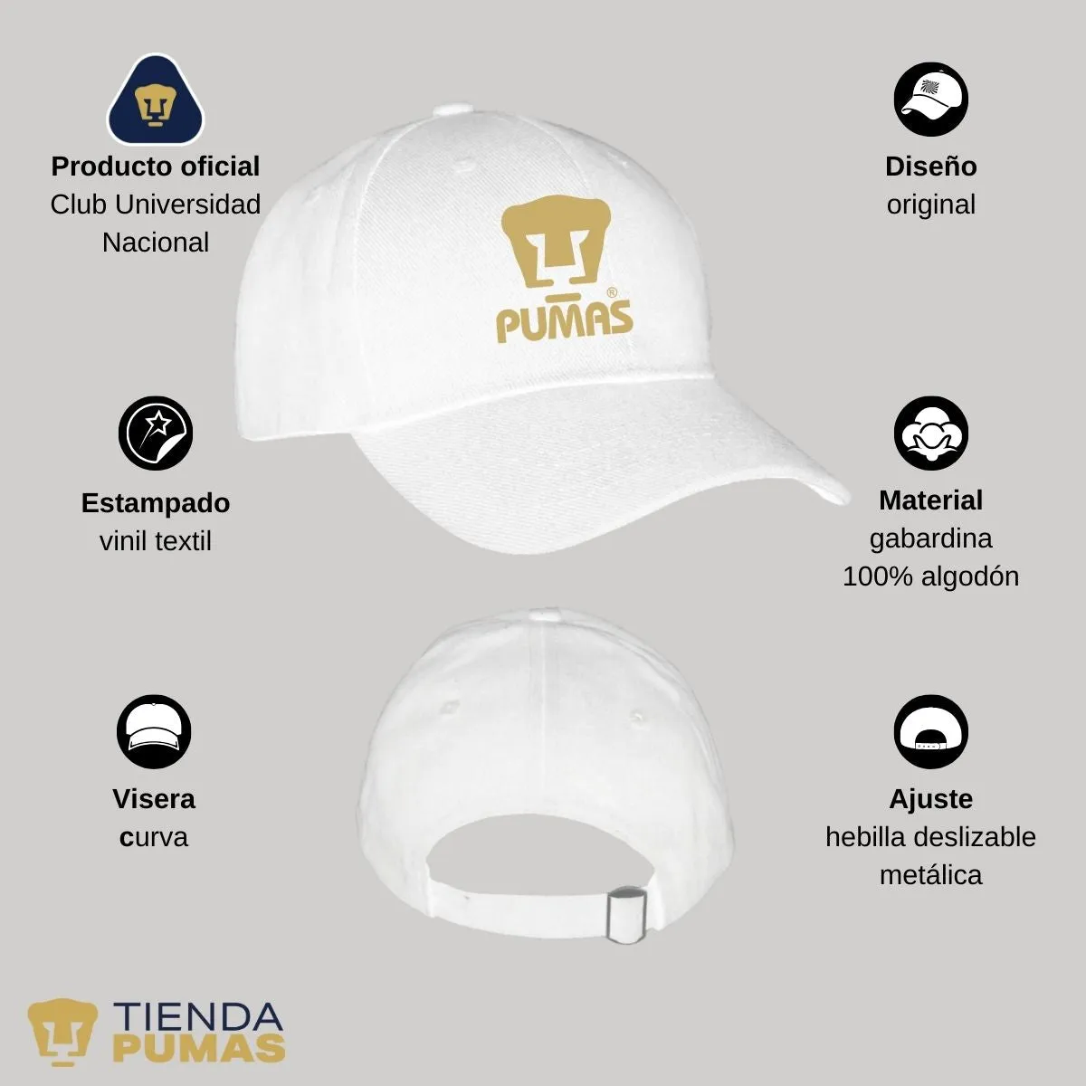 Gorra Pumas UNAM Hombre Mujer Ajustable Logo Dorado 3 Vinil