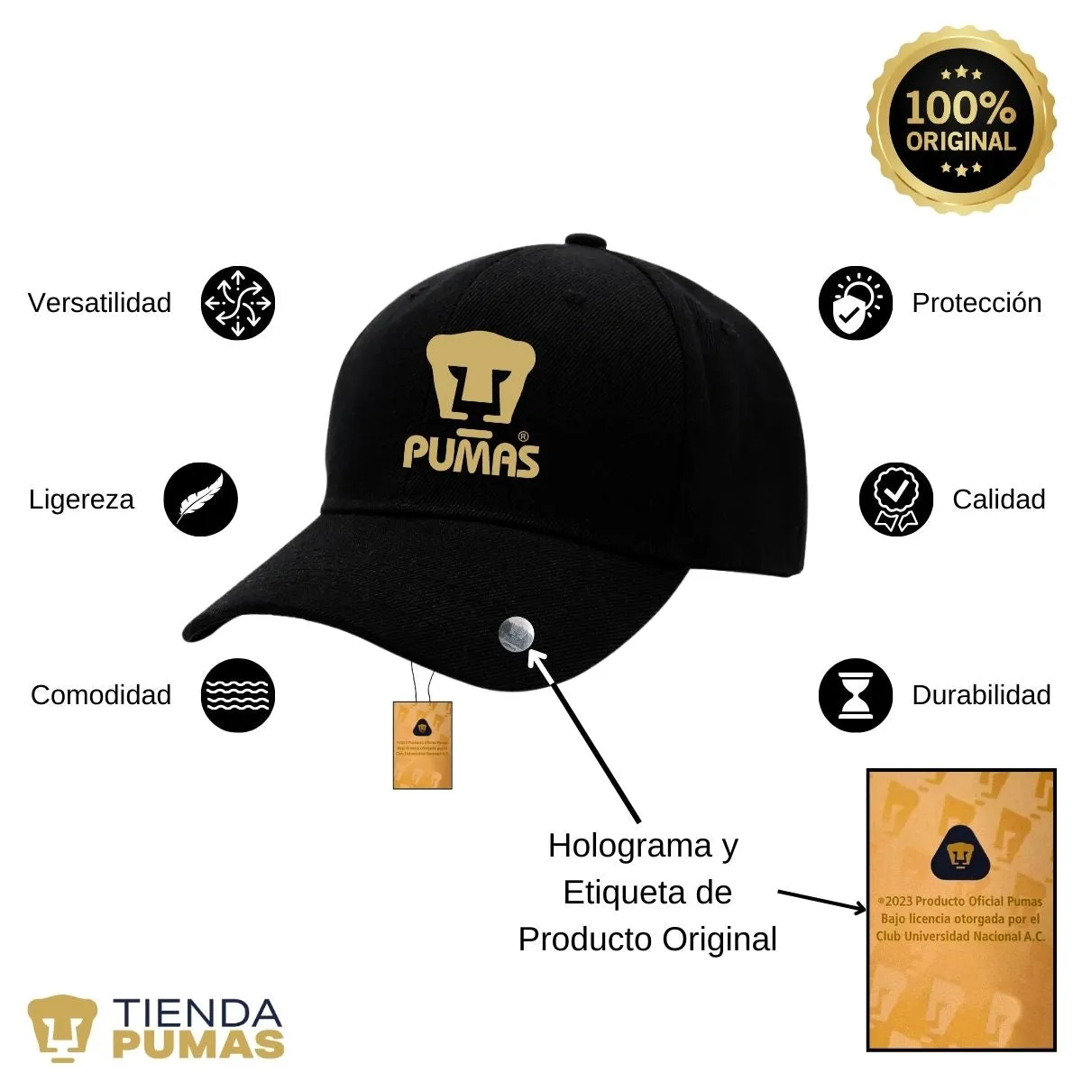 Gorra Pumas UNAM Hombre Mujer Ajustable Logo Dorado 3 Vinil