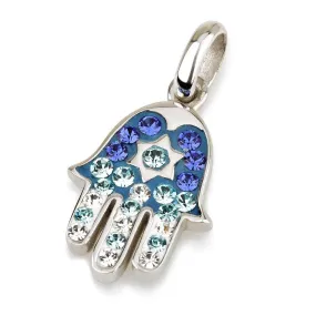 Hamsa Silver Pendant With Multi Blue Gemstones   925 Sterling Silver Chain #44