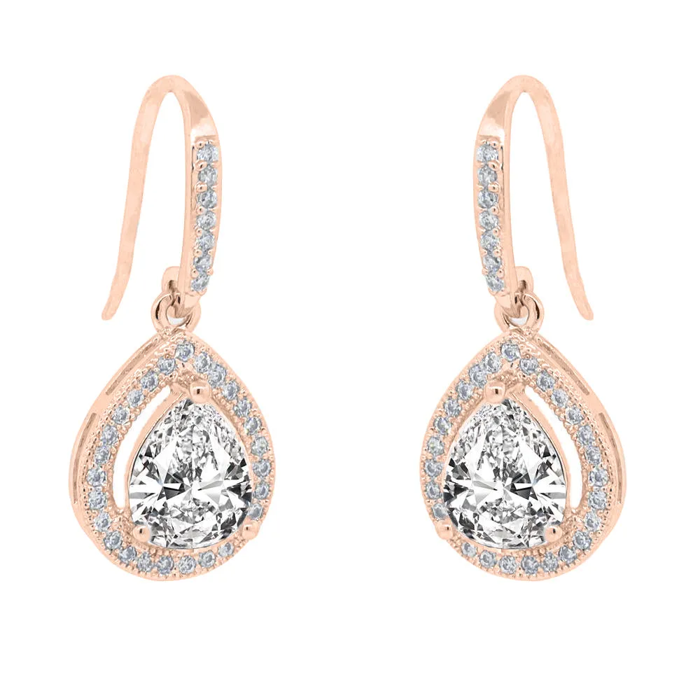 Isabel 18k White Gold Plated Halo Teardrop Earrings with CZ Crystals