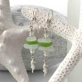 Lime Green and Crystal Clear Sea Glass Sea Stack Earrings with Seahorse Charms | #3060