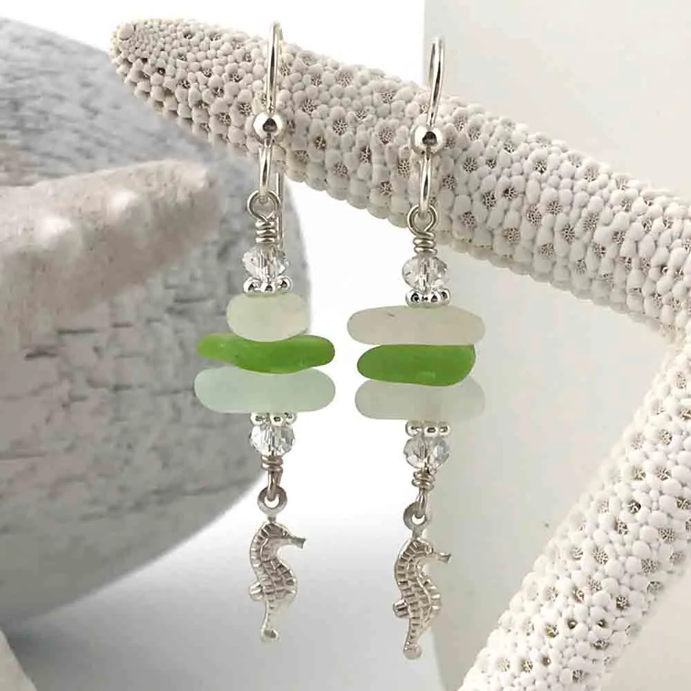 Lime Green and Crystal Clear Sea Glass Sea Stack Earrings with Seahorse Charms | #3060