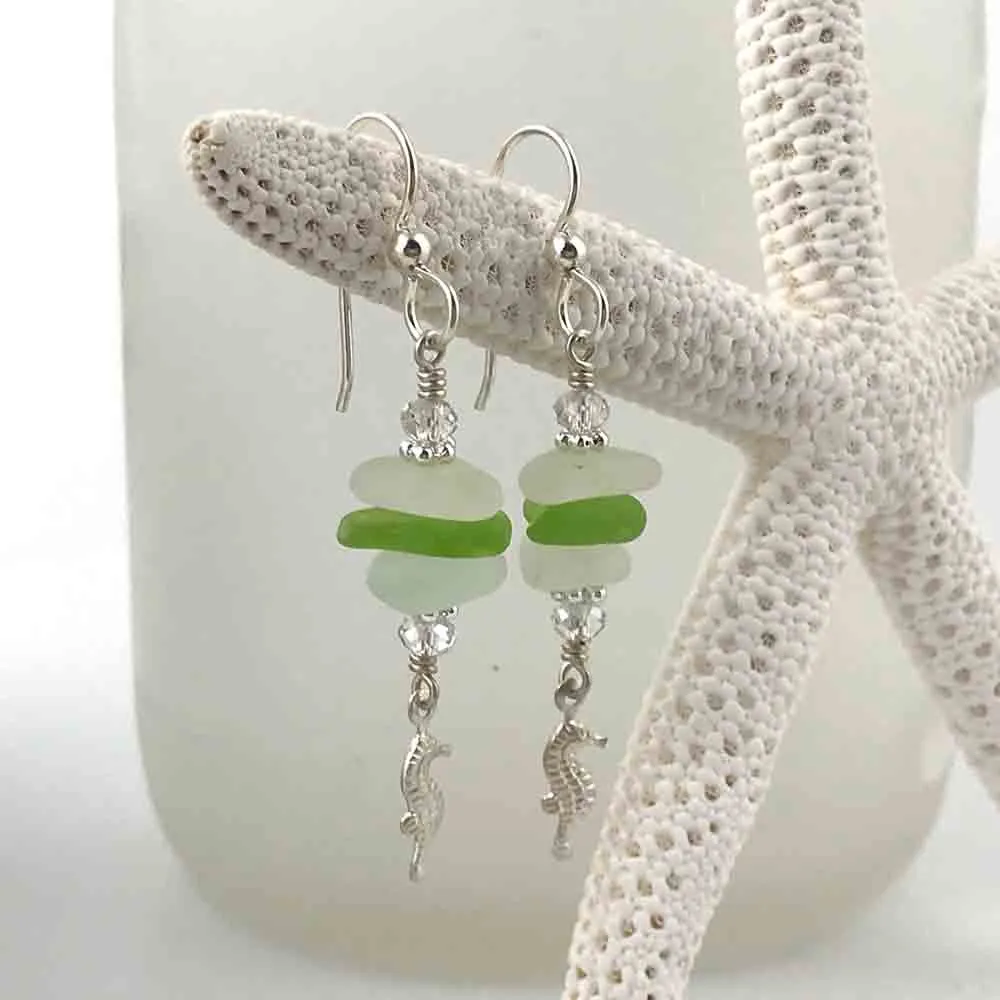 Lime Green and Crystal Clear Sea Glass Sea Stack Earrings with Seahorse Charms | #3060