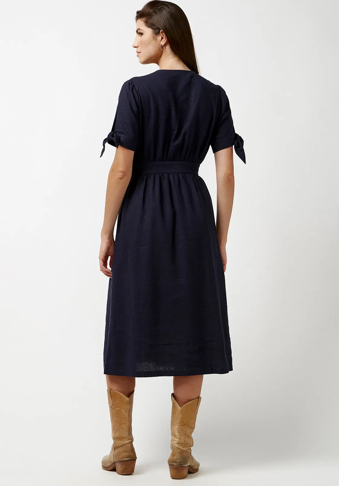 Mariposa Women's Buttoned Linen Dress in Navy - WD0670P