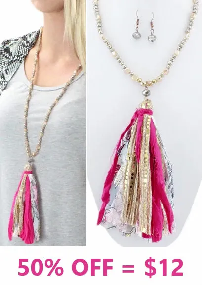 NEW ARRIVAL Crystal beaded necklace with pink floral tassel