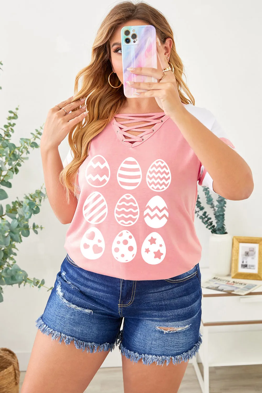 Plus Size Easter Eggs Graphic Tees Strappy V Neck T Shirt