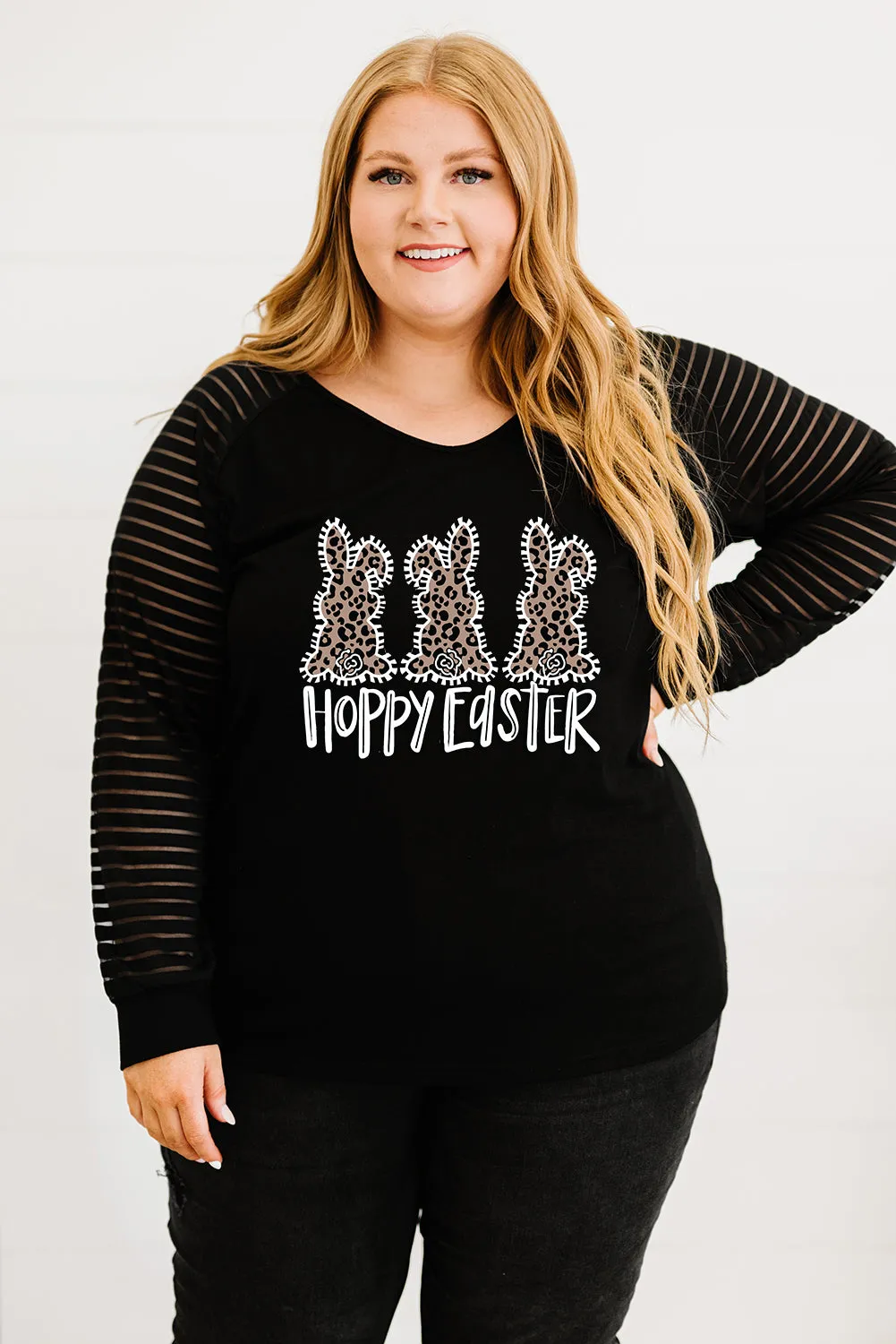 Plus Size Happy Easter T-Shirt for Women Bunny Rabbit Graphic Sheer Shirts Tops