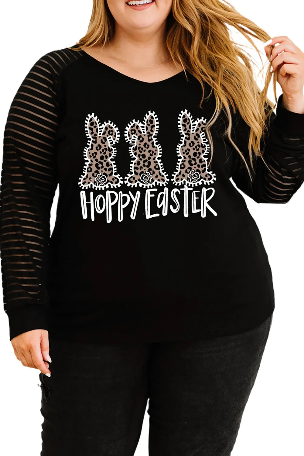 Plus Size Happy Easter T-Shirt for Women Bunny Rabbit Graphic Sheer Shirts Tops