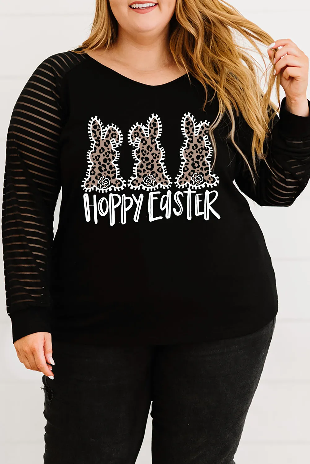 Plus Size Happy Easter T-Shirt for Women Bunny Rabbit Graphic Sheer Shirts Tops