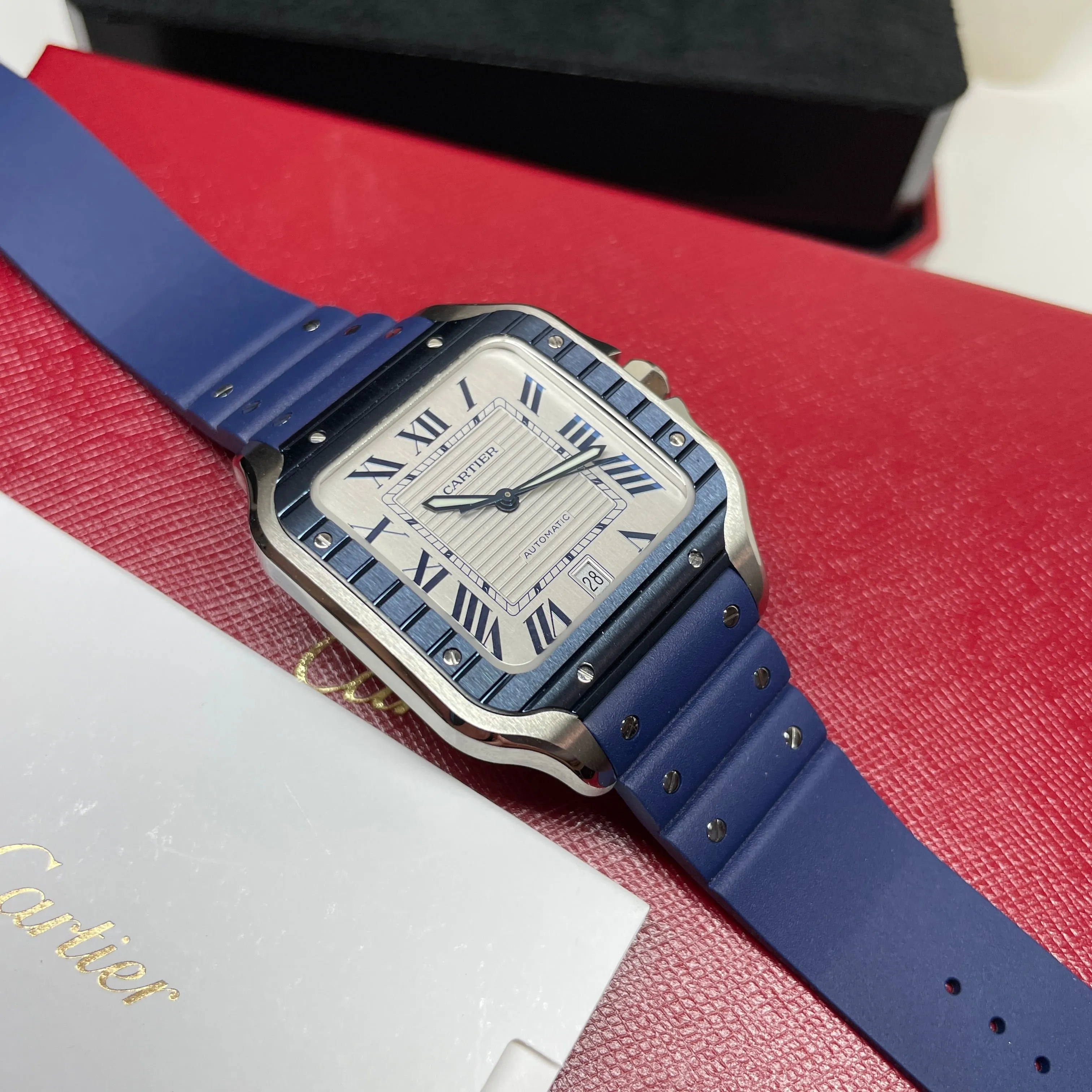 Pre-Owned Cartier Santos Large Grey Dial Blue Bezel Watch WSSA0047 39.8mm