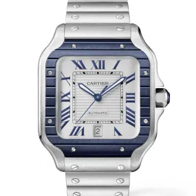 Pre-Owned Cartier Santos Large Grey Dial Blue Bezel Watch WSSA0047 39.8mm