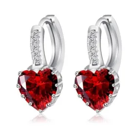 Romantic Heart Crystal Loop Lever Back Ruby Earrings - 925 Sterling Silver