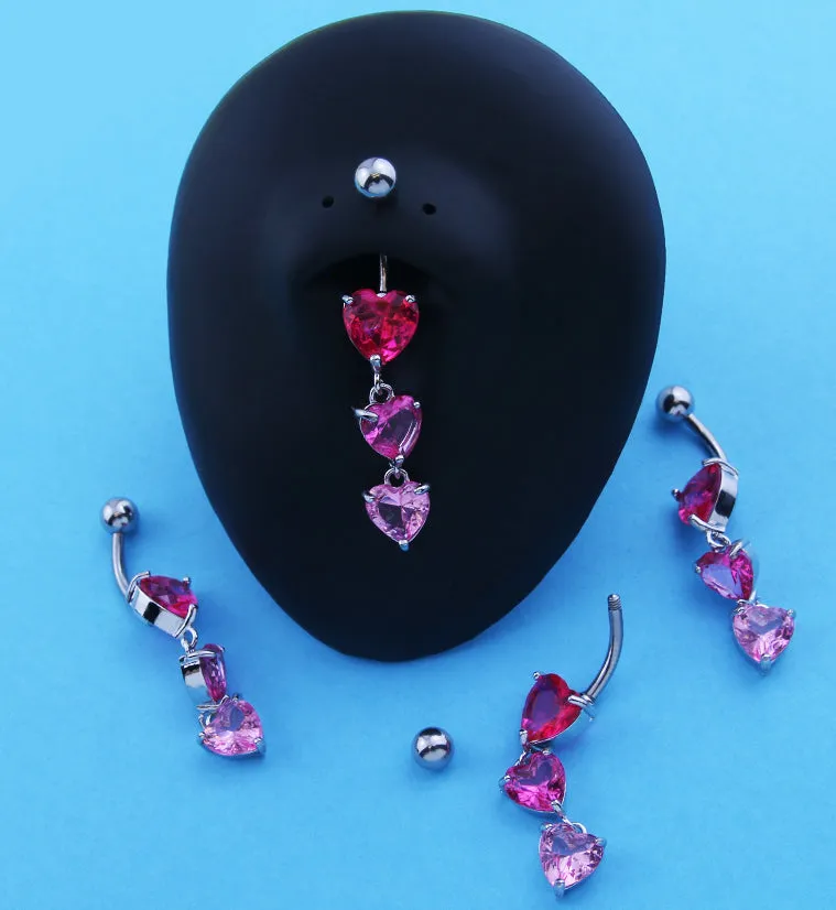 Triple Heart Pink CZ Dangle Stainless Steel Belly Button Ring