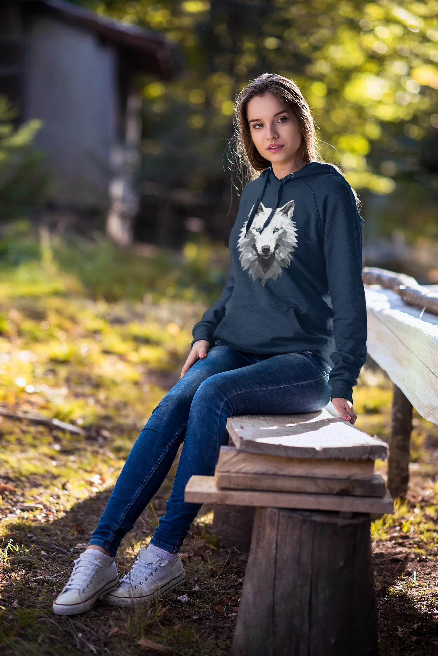 Unisex Bio-Hoodie mit Wolfmotiv "Polygon Weißer Wolf"