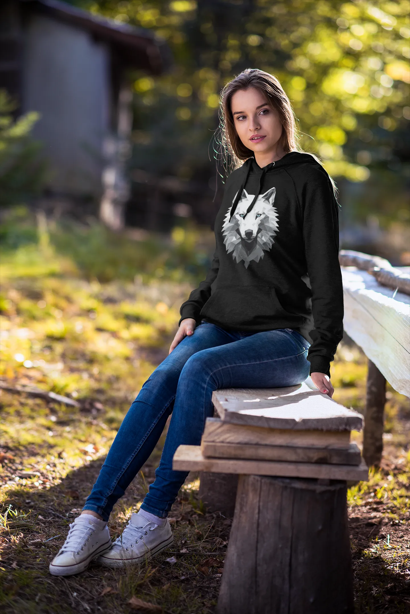 Unisex Bio-Hoodie mit Wolfmotiv "Polygon Weißer Wolf"